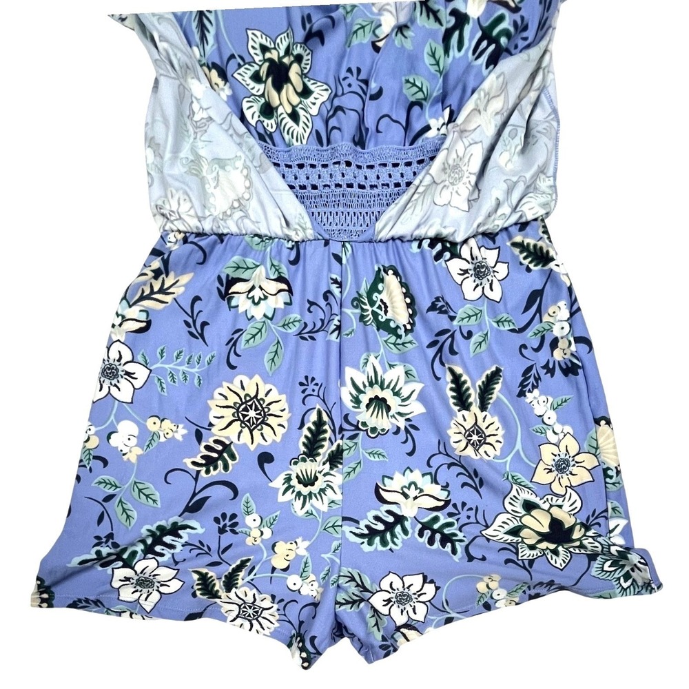 No Boundaries Floral Maxi Romper Dress Blue Crochet Waist Small 3-5 Boho Slit - Picture 3 of 8